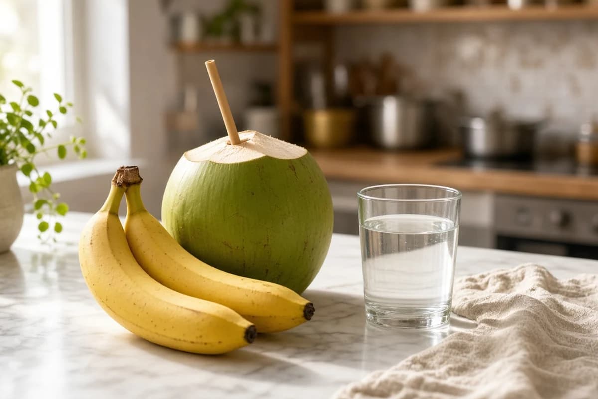 Two ripe yellow bananas beside a green tender coconut with a straw and a glass of clear coconut water.