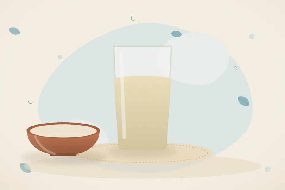 Illustrated Ayurvedic kitchen still life with a bowl, glass and traditional utensils.