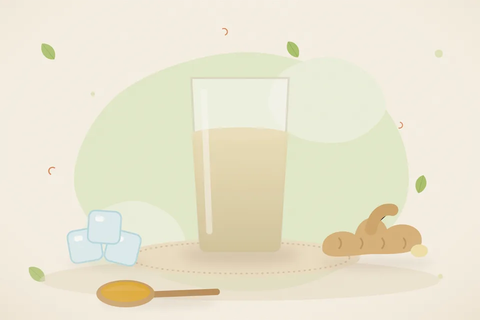 Illustrated still life with ice, fresh ginger.
