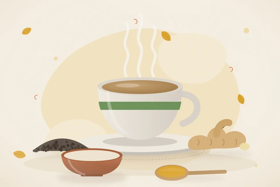 Illustrated still life with black pepper, fresh ginger.