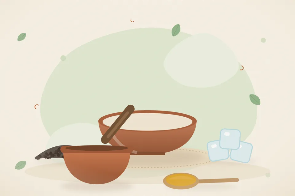 Illustrated still life with black pepper, ice.