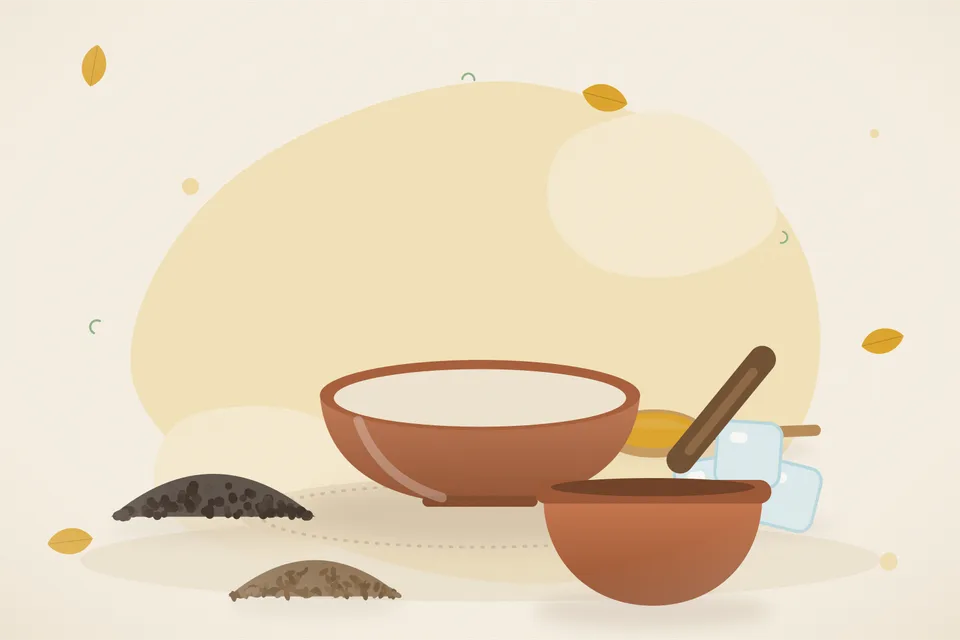 Illustrated still life with black pepper, ice, cumin seeds.