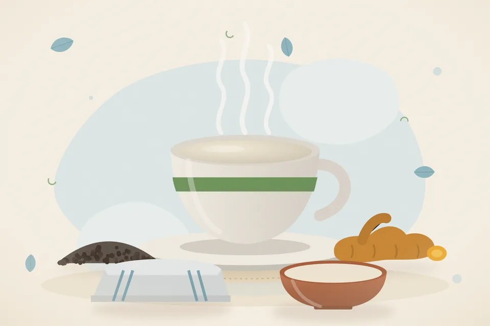 Illustrated still life with black pepper, turmeric root.