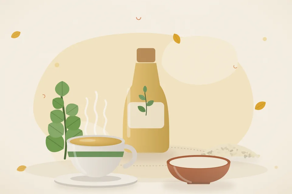 Illustrated still life with brahmi leaves, sesame seeds.