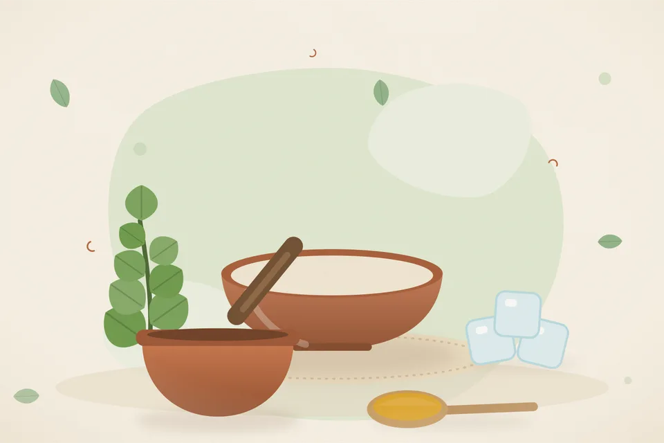 Illustrated still life with brahmi leaves, ice.