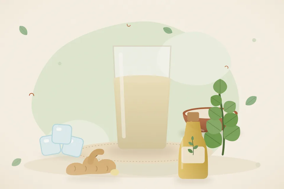 Illustrated still life with ice, brahmi leaves, fresh ginger.