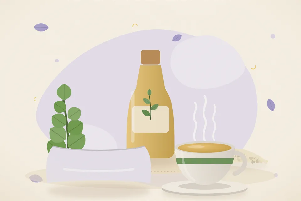 Illustrated still life with brahmi leaves, sesame seeds.