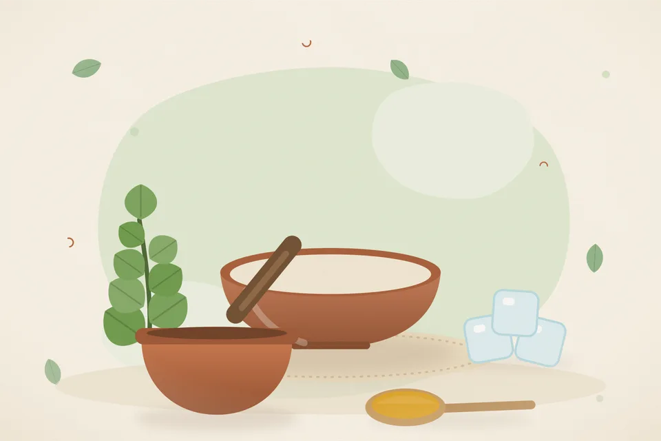 Illustrated still life with brahmi leaves, ice.