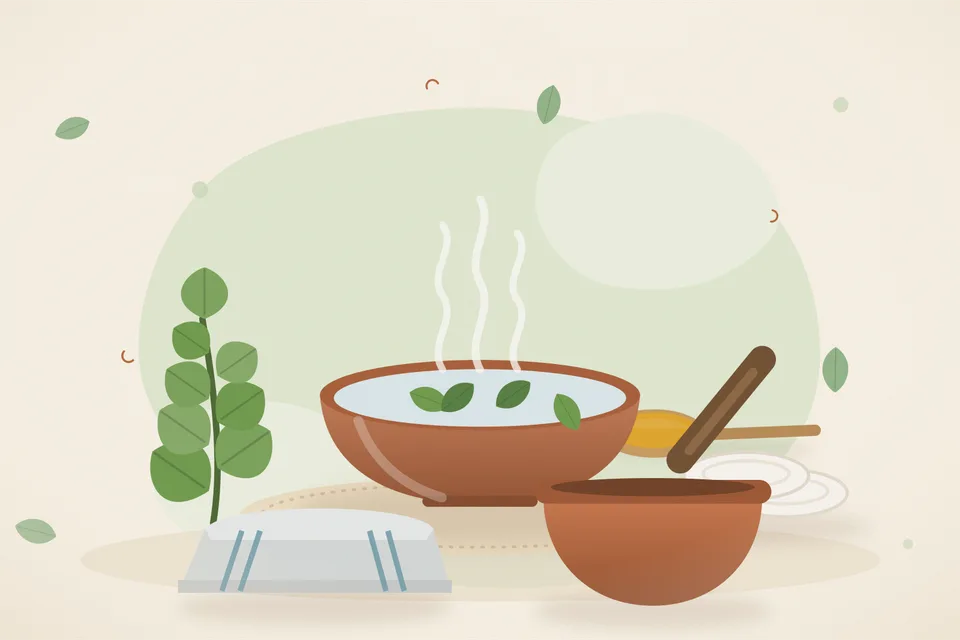 Illustrated still life with brahmi leaves, cotton pads, a folded cloth.