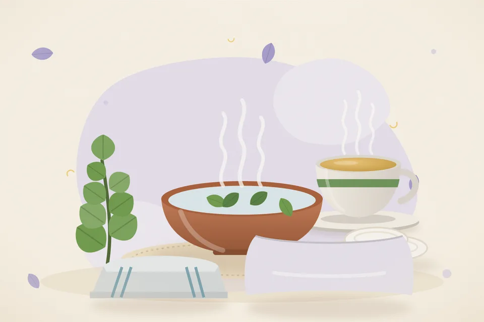 Illustrated still life with brahmi leaves, cotton pads, a folded cloth.
