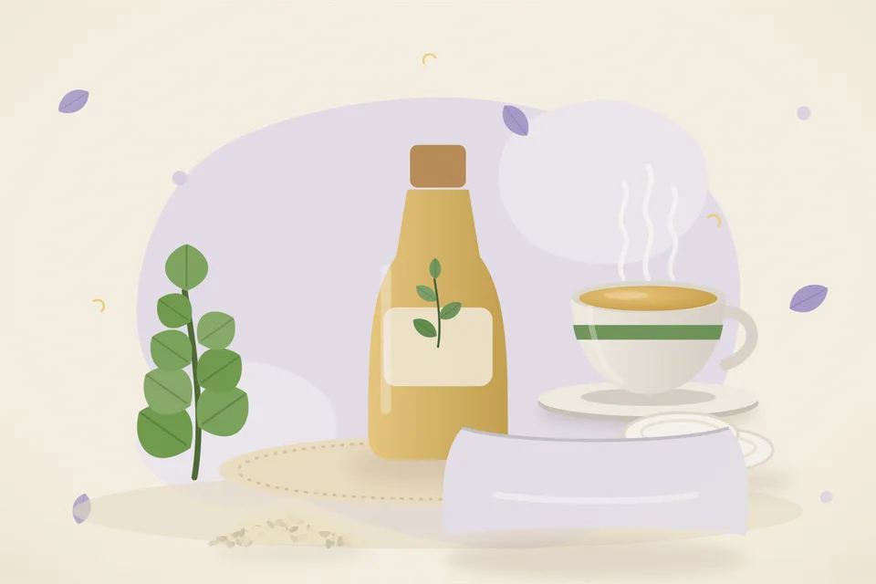 Illustrated still life with brahmi leaves, cotton pads, sesame seeds, a soft pillow.