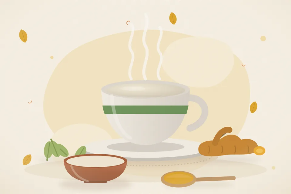 Illustrated still life with cardamom, turmeric root.