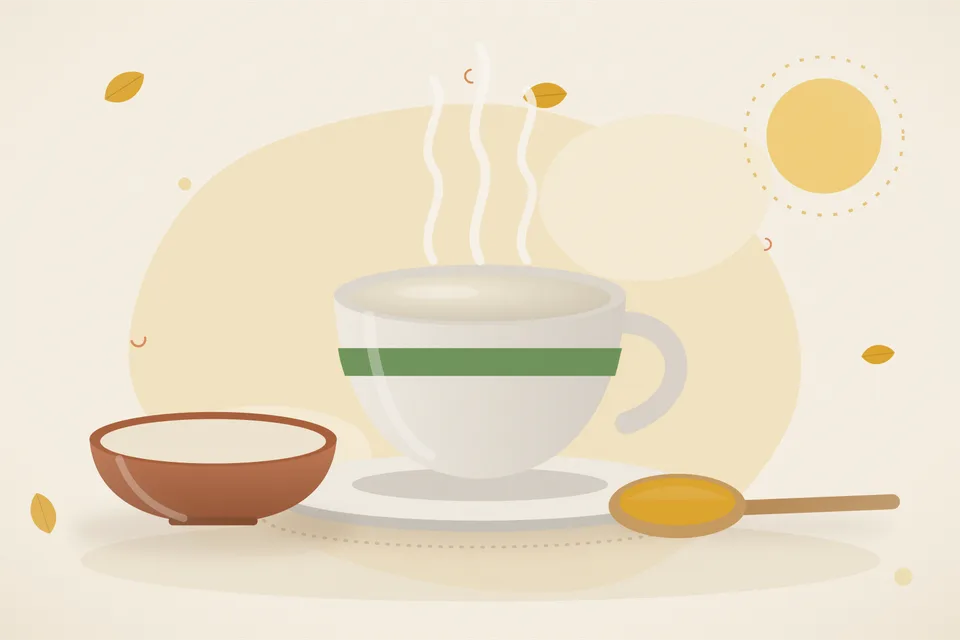 Illustrated Ayurvedic kitchen still life with a bowl, glass and traditional utensils.