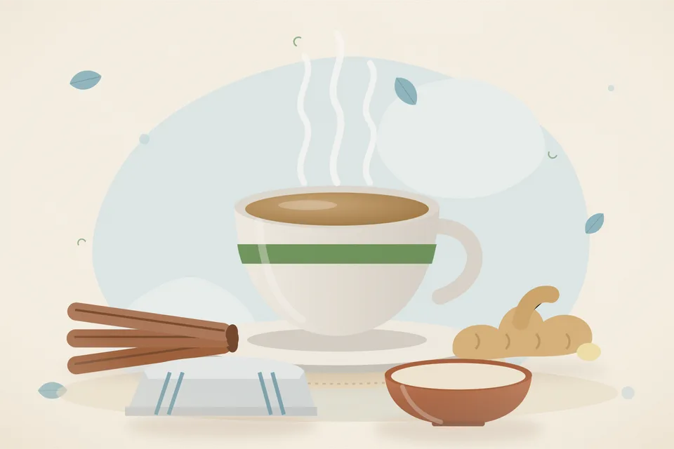 Illustrated still life with cinnamon, fresh ginger.