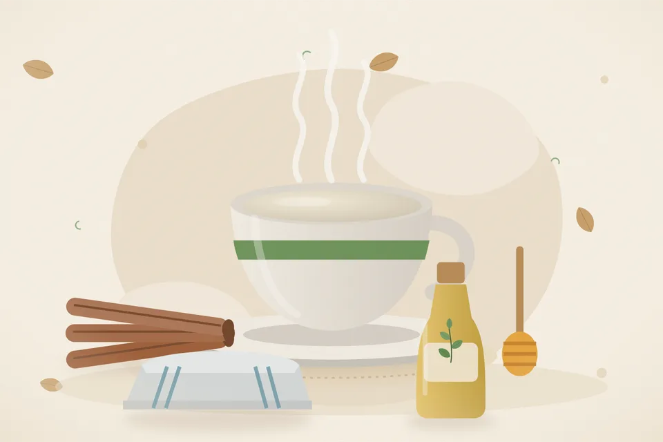 Illustrated still life with cinnamon, honey.