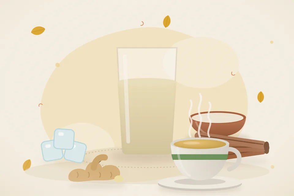 Illustrated still life with ice, cinnamon, fresh ginger.