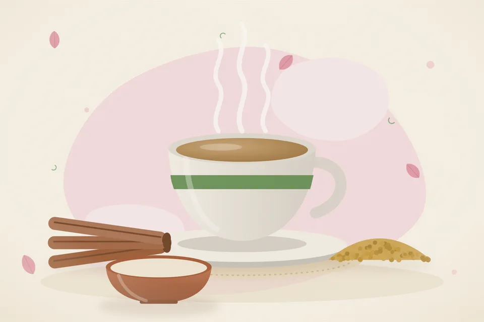 Illustrated still life with cinnamon, fenugreek seeds.