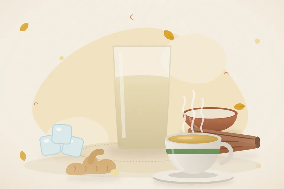 Illustrated still life with ice, cinnamon, fresh ginger.