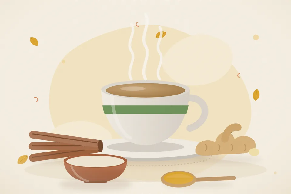 Illustrated still life with cinnamon, fresh ginger.