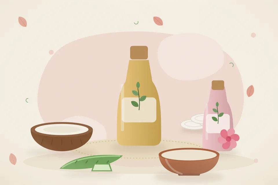 Illustrated still life with coconut, rose water, aloe vera.