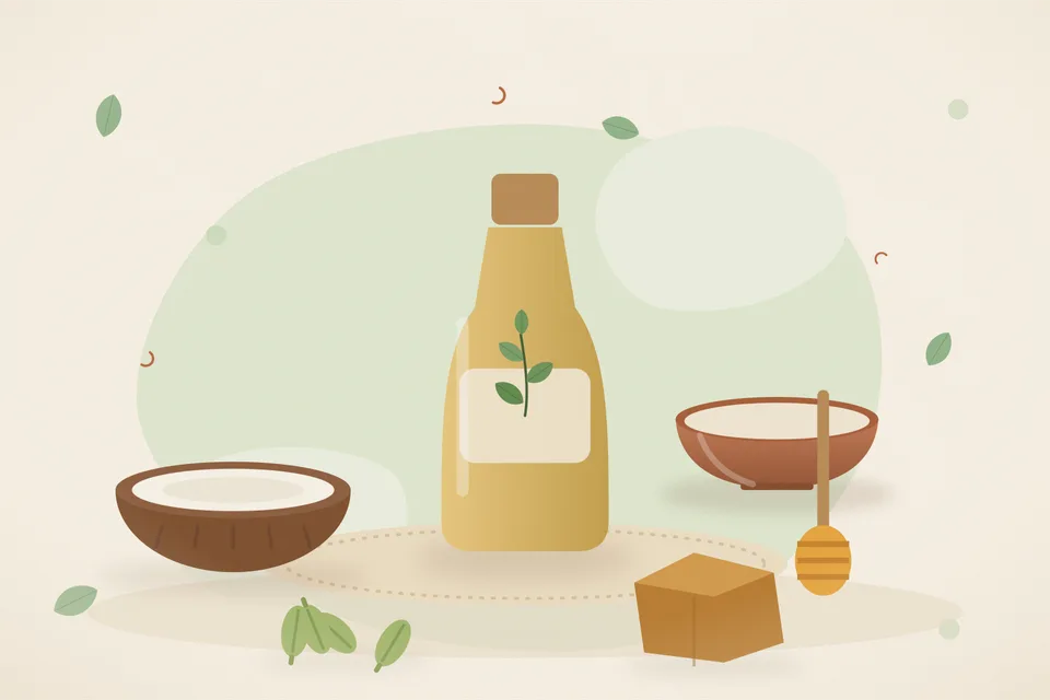 Illustrated still life with coconut, honey, cardamom, jaggery.