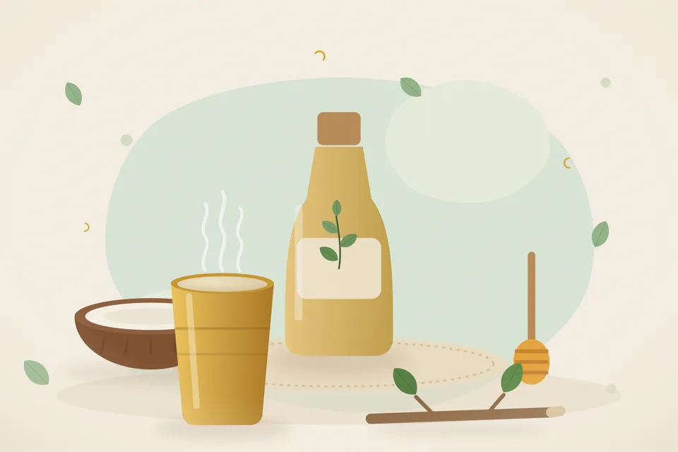Illustrated still life with coconut, honey.