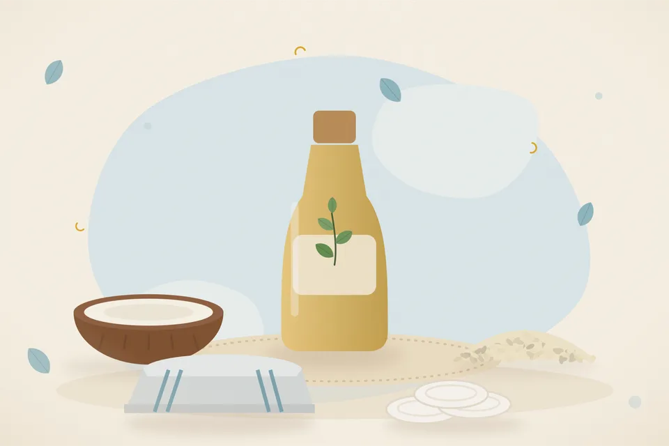 Illustrated still life with coconut, sesame seeds.