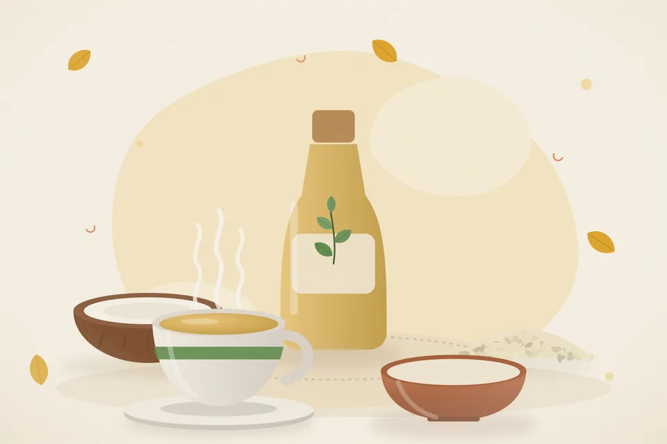 Illustrated still life with coconut, sesame seeds.