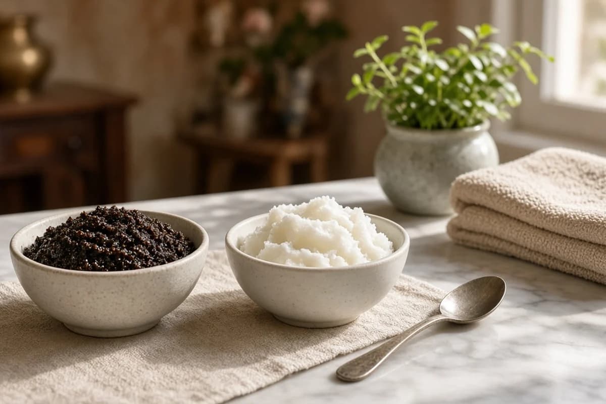 Two ceramic bowls, one with dark coffee-oil scrub and one with white coconut oil, with a spoon and towels.