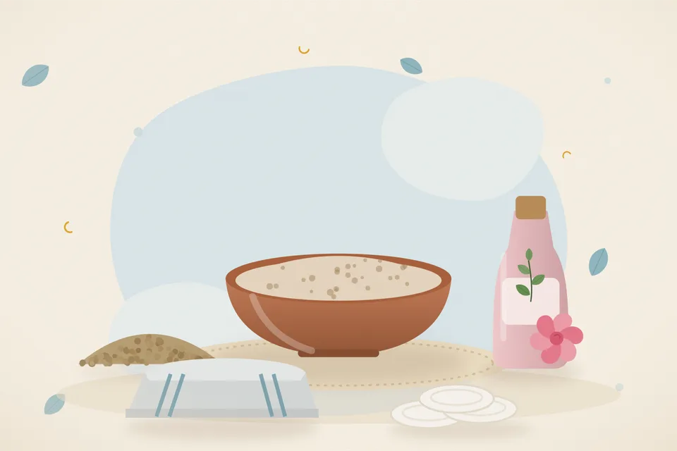 Illustrated still life with coriander seeds, rose water, a folded cloth.