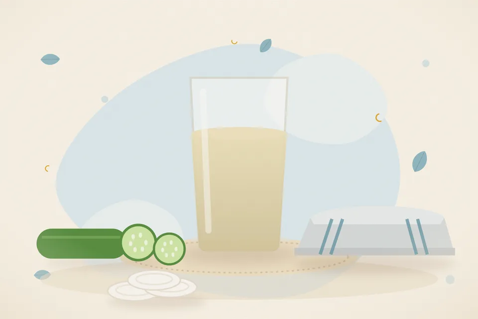 Illustrated still life with cucumber, a folded cloth.