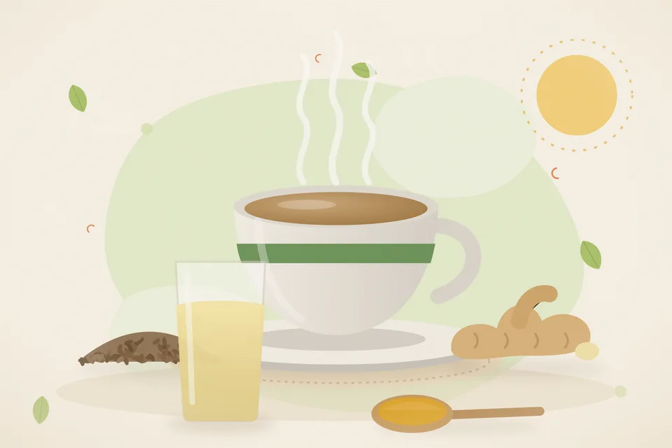 Illustrated still life with cumin seeds, fresh ginger.