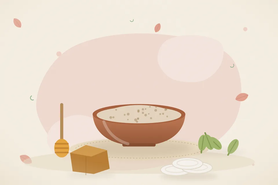 Illustrated still life with honey, cardamom, jaggery.