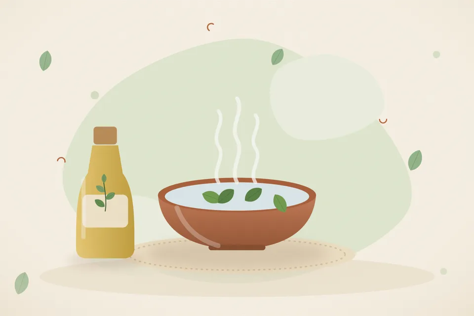 Illustrated Ayurvedic kitchen still life with a bowl, glass and traditional utensils.