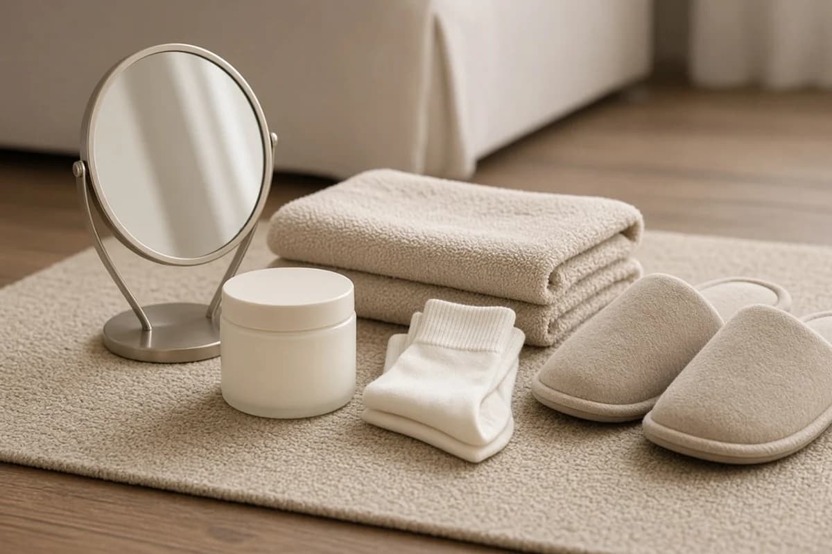 A small round hand mirror, a jar of moisturiser, folded white cotton socks, a folded towel and soft slippers on a rug.