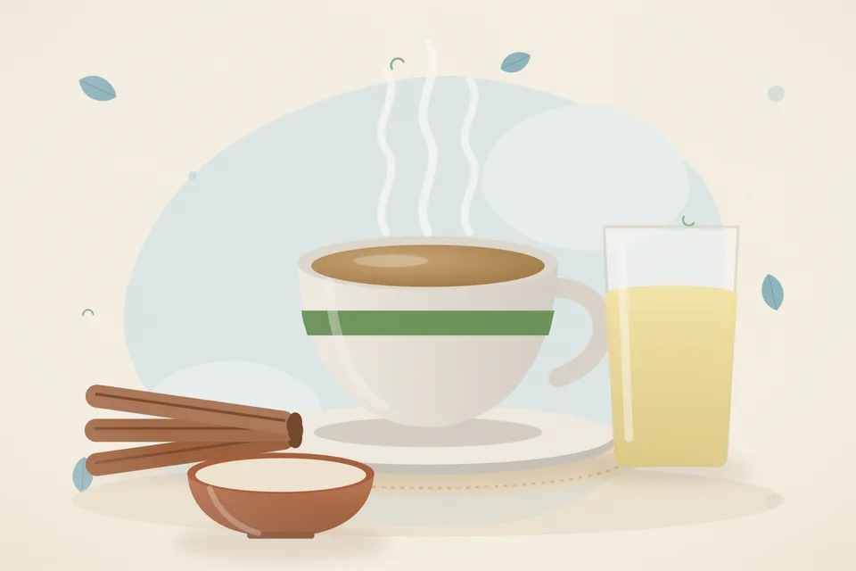 A small cinnamon stick, a cup of pale unsweetened tea and a strainer on a wooden table, warm light, no sugar, no people and no lettering.