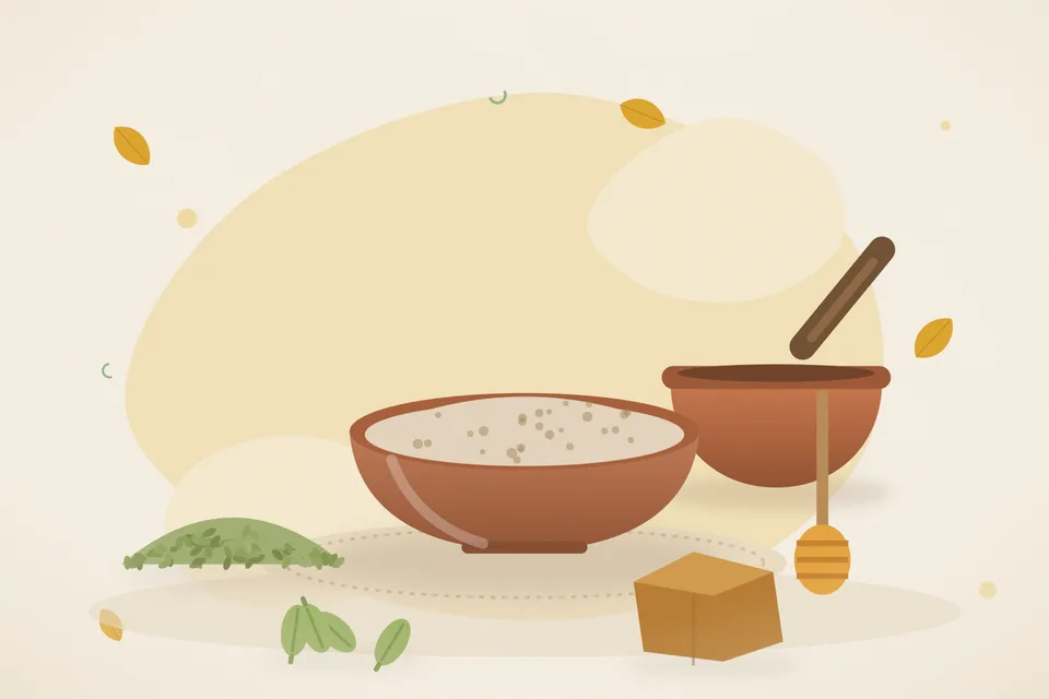 Illustrated still life with fennel seeds, honey, cardamom, jaggery.