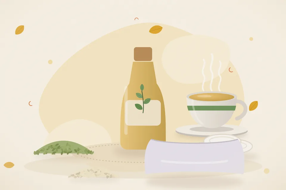 Illustrated still life with fennel seeds, cotton pads, sesame seeds, a soft pillow.