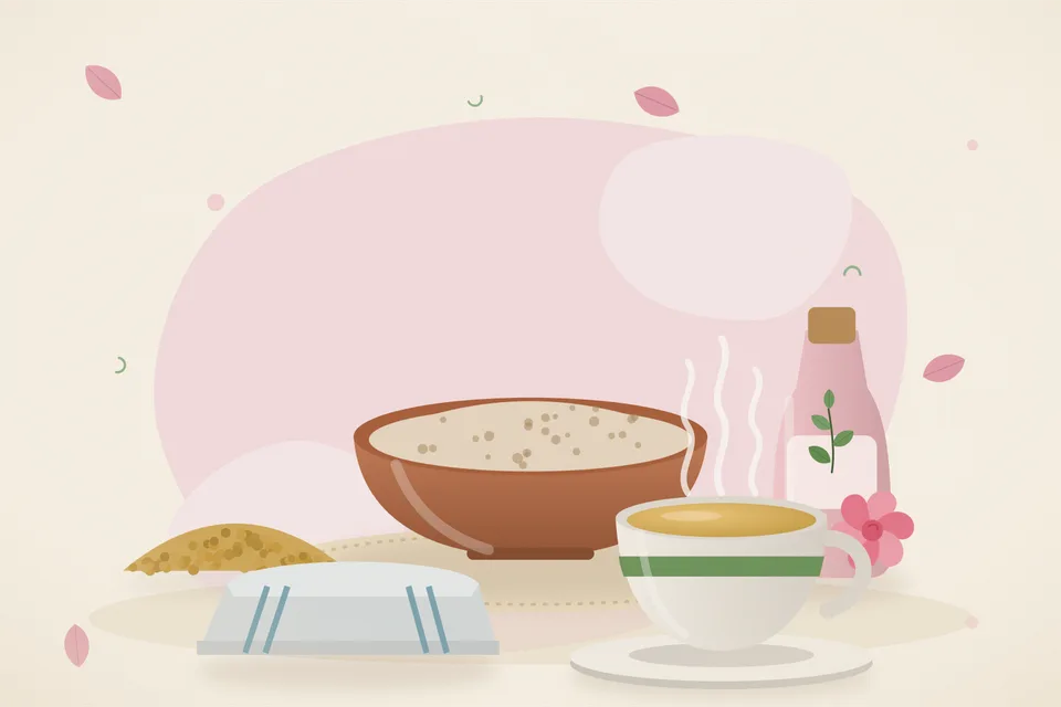 Illustrated still life with fenugreek seeds, rose water, a folded cloth.