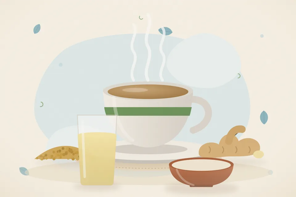 Illustrated still life with fenugreek seeds, fresh ginger.