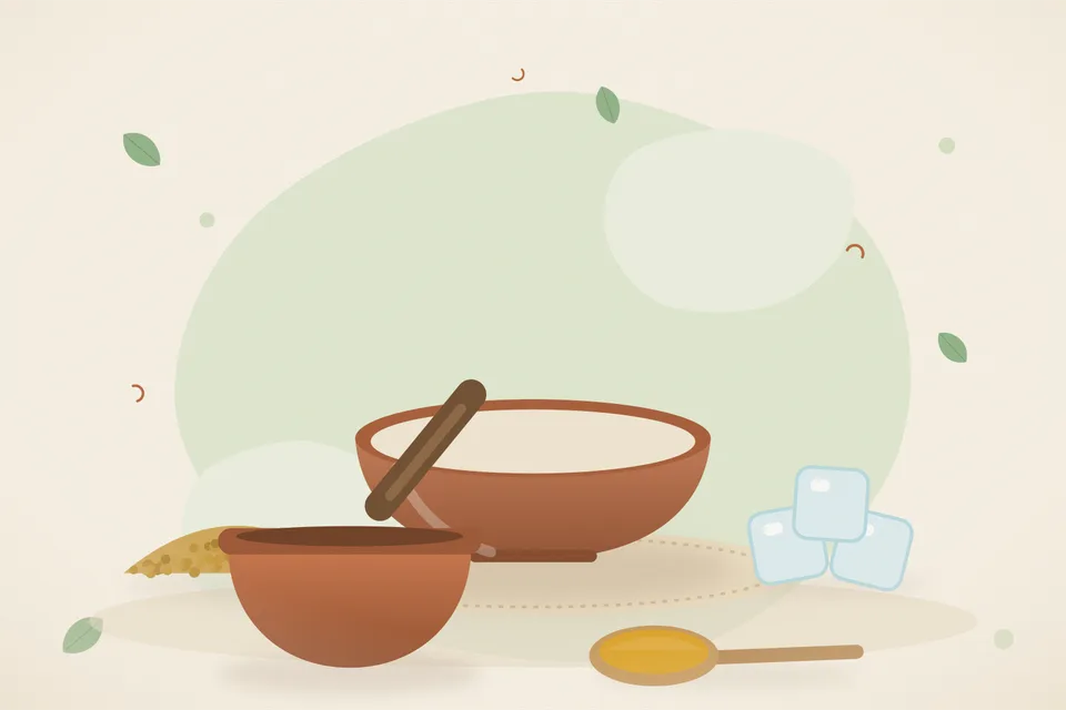 Illustrated still life with fenugreek seeds, ice.