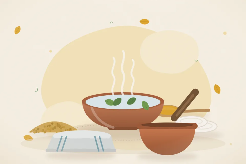 Illustrated still life with fenugreek seeds, cotton pads, a folded cloth.