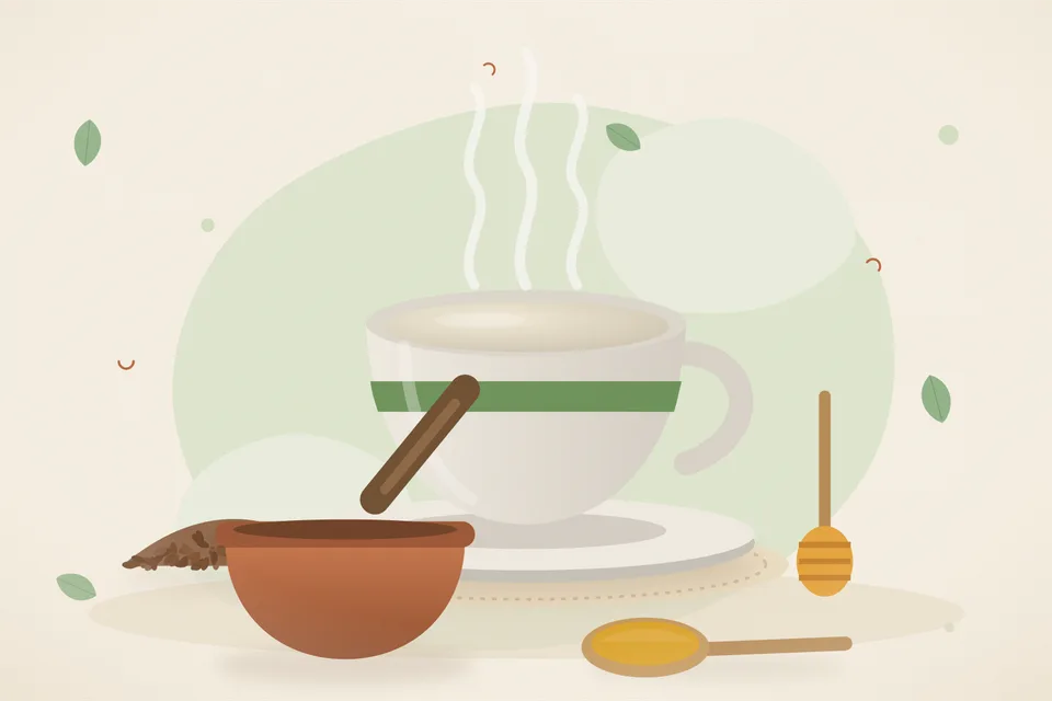 Illustrated still life with flaxseeds, honey.