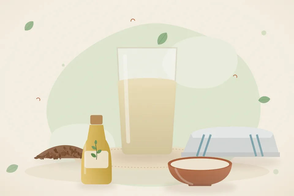 Illustrated still life with flaxseeds, a folded cloth.