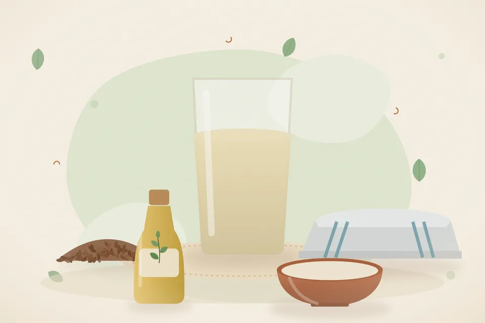 Illustrated still life with flaxseeds, a folded cloth.