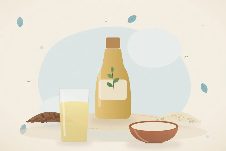 Illustrated still life with flaxseeds, sesame seeds.