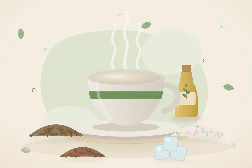 Illustrated still life with cumin seeds, rock salt, flaxseeds, ice.