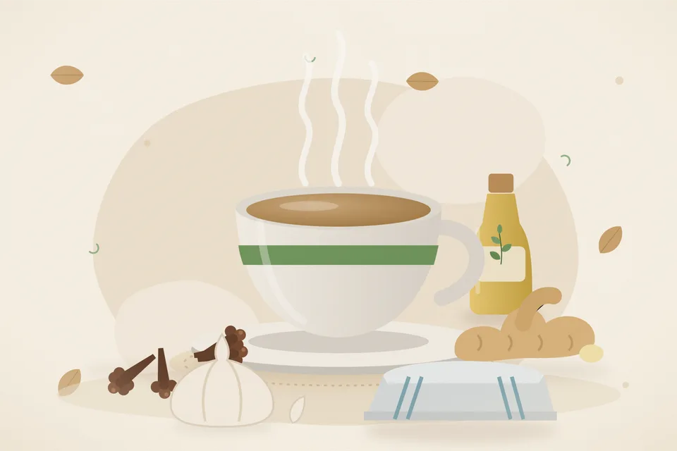Illustrated still life with cloves, fresh ginger, garlic.
