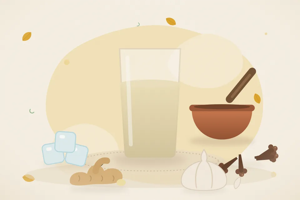 Illustrated still life with ice, cloves, fresh ginger, garlic.