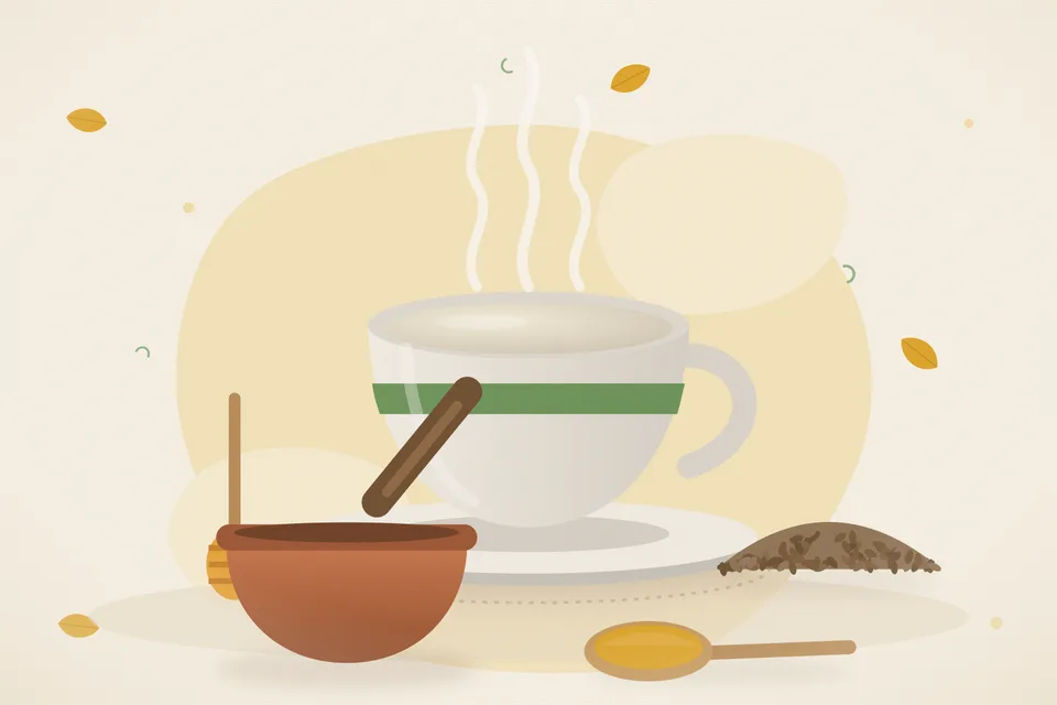 Illustrated still life with honey, cumin seeds.